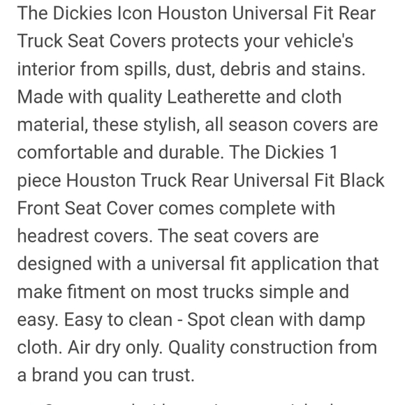 NWT Dickies Black Icon Low Back Houston Truck Bench Seat Cover - Picture 5 of 5